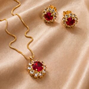 CONJUNTO PONTO DE LUZ VERMELHO BANHADO A OURO 18K