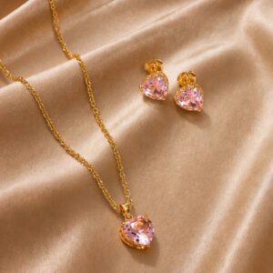 CONJUNTO CORAÇÃO BRILHANTE ROSA BANHADO A OURO 18K