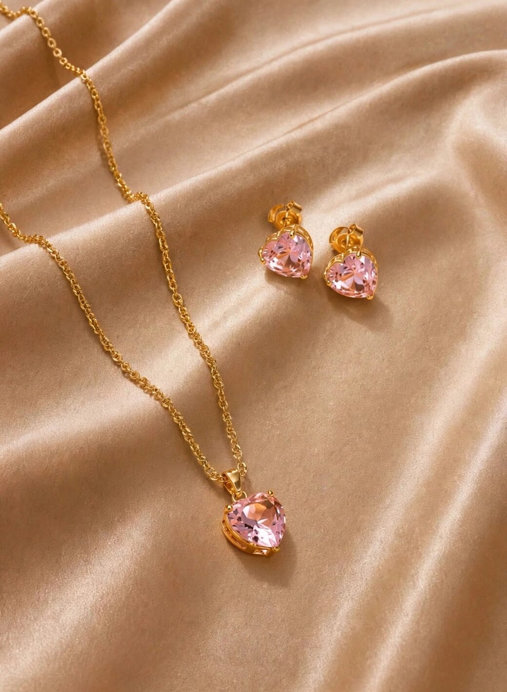CONJUNTO CORAÇÃO BRILHANTE ROSA BANHADO A OURO 18K